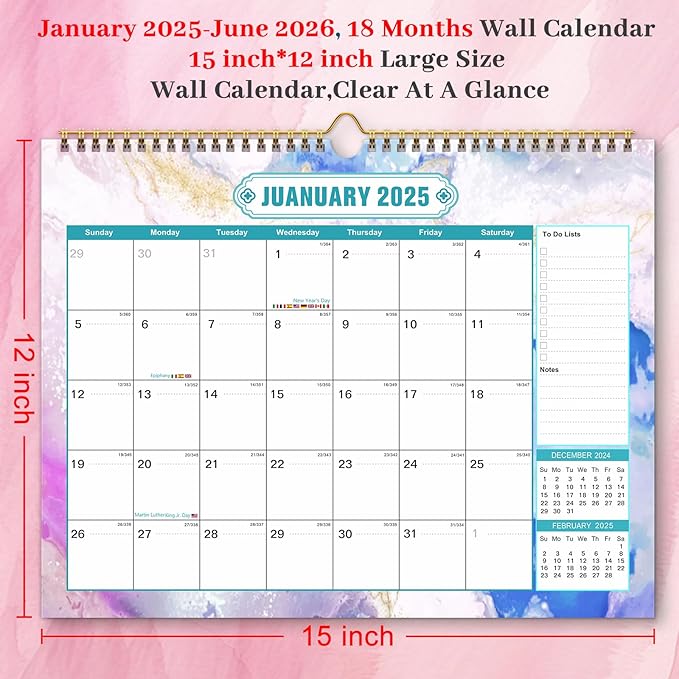 2025 Wall Calendar 15"x12" Large Hanging Calendar Planner 2025-2026 Yearly 18 Monthly January 2025 - June 2026 Thick Paper Spiral Bind Big Desk Calendar Organizing Home Office School Colorful