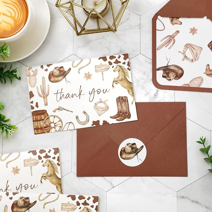 24 Pack Western Cowboy Thank You Cards Brown Cowboy Hat Boots Horse Note Cards with Envelopes Stickers Greeting Blank Cards for Birthday Baby Shower
