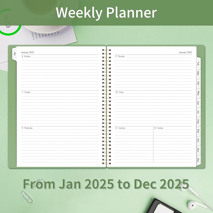 2025 Planner Weekly and Monthly, Calendar Planner with Monthly Tabs, 2025 Weekly Planner from Jan 2025 - Dec 2025, Weekly Monthly Planner with Spiral Binding- 8.5" x 11", Green