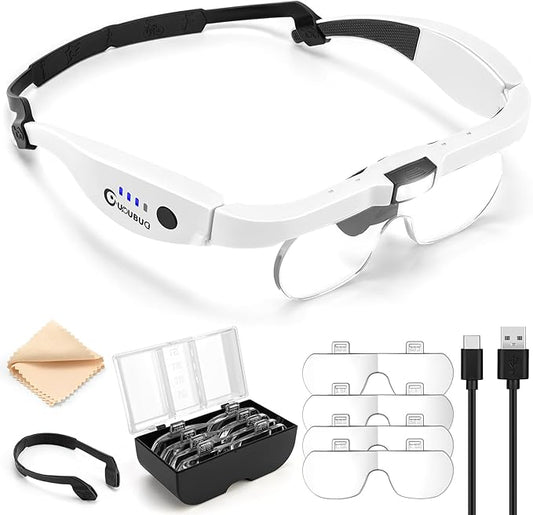 Magnifying Glass with Light, 1.5X-5.0X Magnifying Glasses, Rechargeable Magnifying Headset with Light, Head Magnifier with 4 Detachable Lenses, Magnifying Glasses for Close Work Crafts Jewelry
