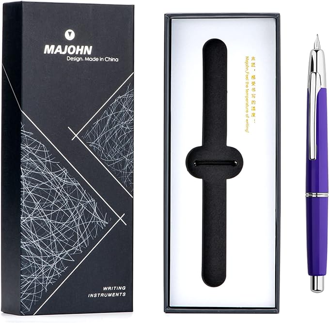 Majohn A2 Press Fountain Pen Extra Fine Nib with Box, Retractable Purple Resin Ink Pen with Converter Writing Pen Set (Silver Clip Version）