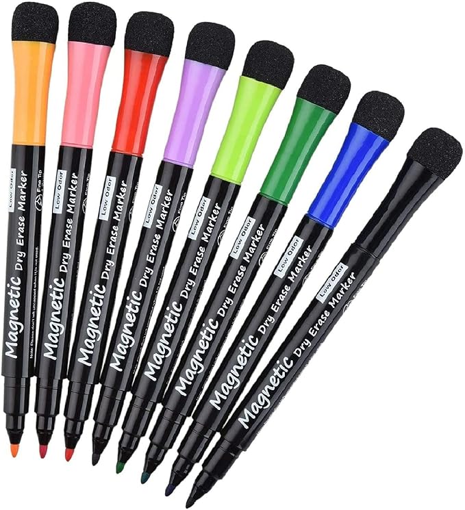 Magnetic Dry Erase Markers - Fine Tip, Assorted Colors, 8 Pack, Low Odor Whiteboard markers for kids, Work On White board & Calendar, Refrigeratorr