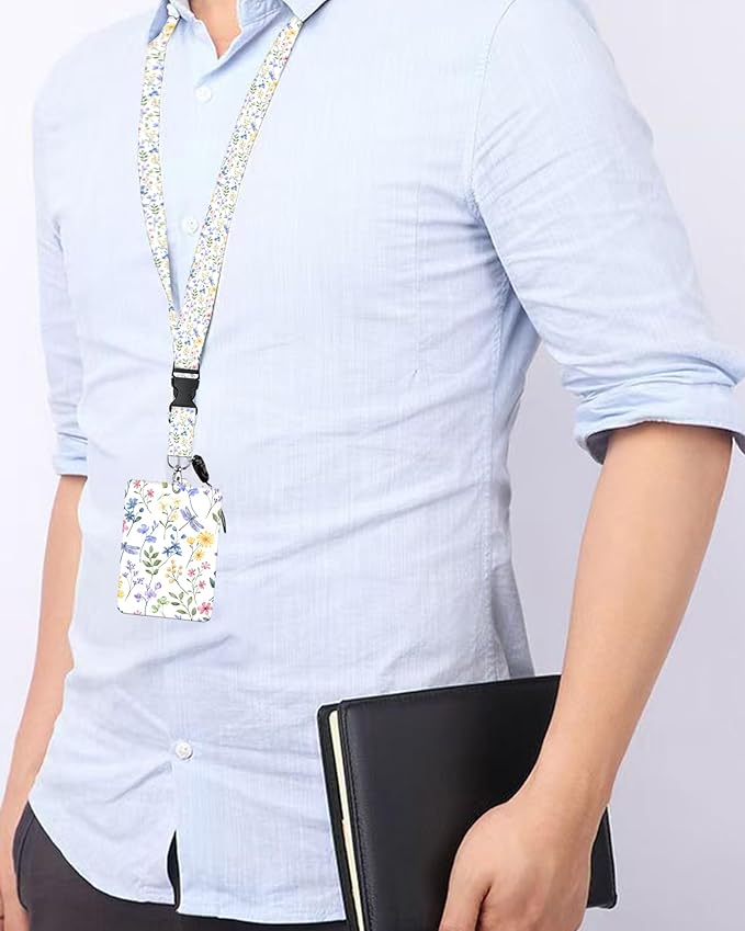 ID Badge Holder with Retractable Lanyard and Keychain, Badge Reel with Rotate Carabiner Clip,Dragonfly Meadow Card Name Tag Lanyard ID Protector Bage Clips for Student, Women, Office