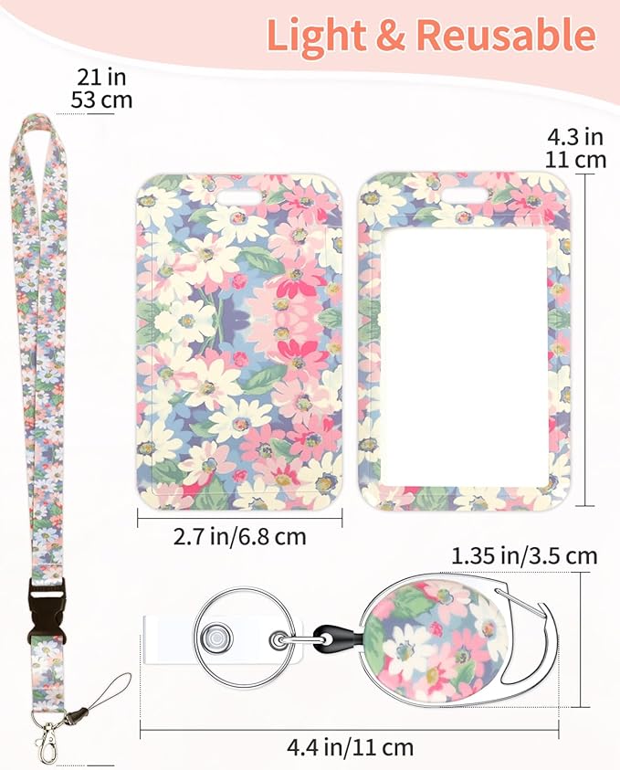 Uniclife Floral Sliding Badge Holder Wild Flower Plastic Case with Retractable Badge Reel Carabiner Clip & Detachable Lanyard Strap Fashionable Vertical Card Protector for Women Teacher Student