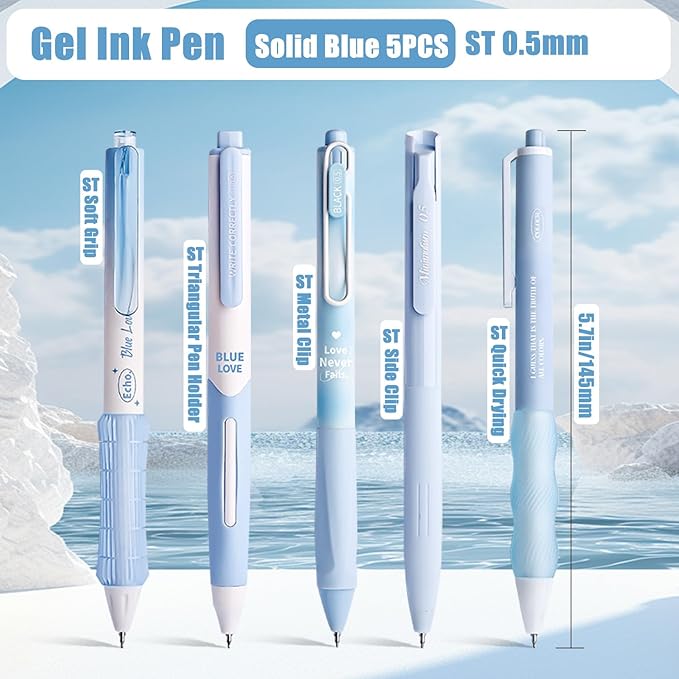 5 Count Pastel Gel Ink Pen Set,Cute Note Taking 0.5mm Fine Point Retractable 5 Count Black Ink Pens for Writing, Journaling, School, Office (Light Blue)