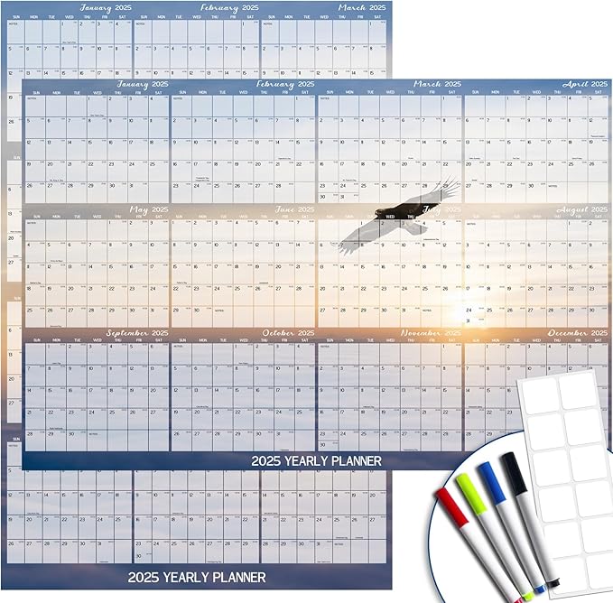 32" x 48" 2025 Wall Calendar Dry Erase - Large Scenery Background Calendar Wet & Dry Erasable Laminated Reversible, Horizontal/Vertical (2025 Flying-eagle Wall Calendar)
