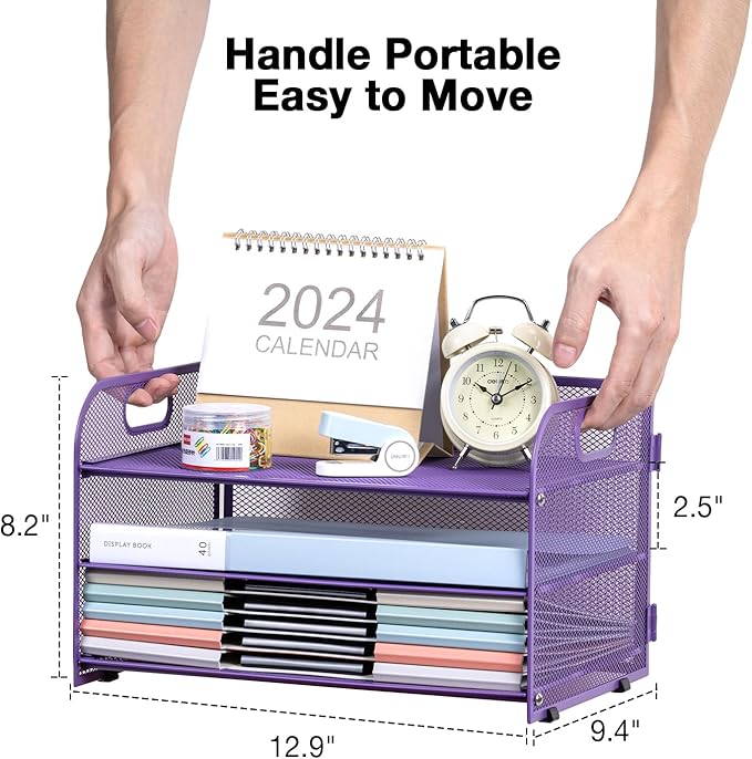 3-Tier Letter Tray Paper Organizer with Handle,Compact Mesh Desk File Organizer for Home Office Supplies Desktop Accessories,Purple