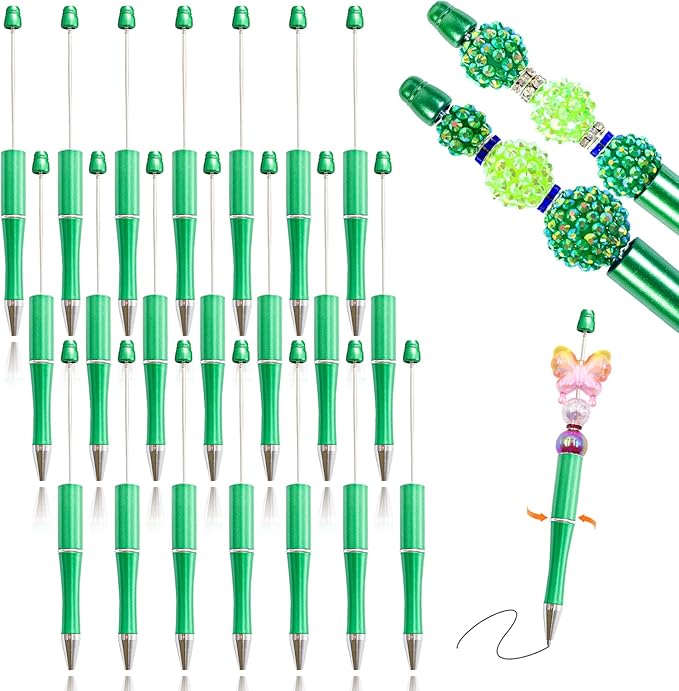 15 Pieces Beadable Pens - Beaded Pens Plastic Diy Black Ink Ballpoint Pens Bulk - Bead Pens Suitable For Teacher, Students, Office, School, Graduation Gift Supplies（Green）