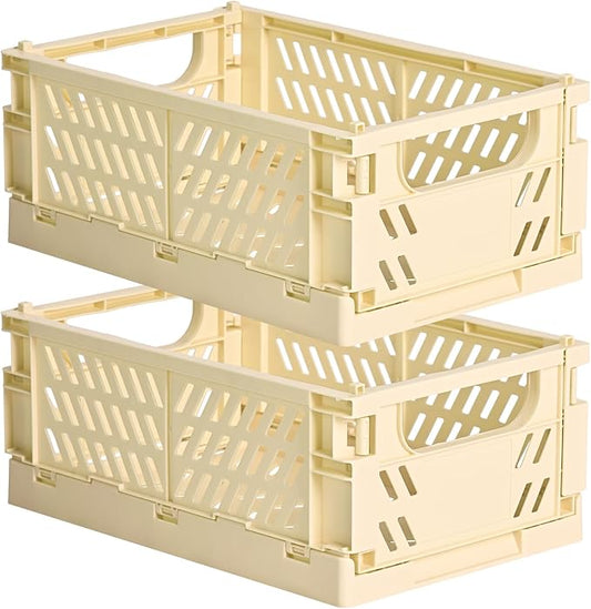 2-Pack Small Pastel Plastic Storage Baskets, Collapsible Crates for Organizing, Space-Saving Mini Bins for Classroom, Kitchen, Office, Bedroom (Yellow, 9.8" x 6.5" x 3.8")