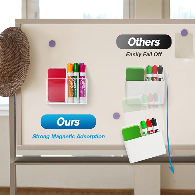 Magnetic Dry Erase Marker Holder, Acrylic Magnetic Pen Holder for Fridge, Magnetic Marker Holder for Whiteboard, 2 Compartments Whiteboard Marker Holder for Office, Home, Locker(Clear)