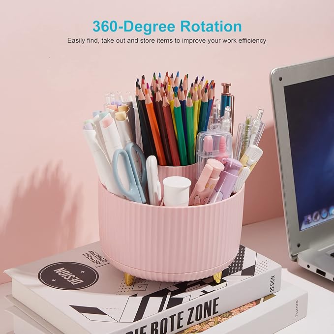 360 Degree Rotating Desk Pen Pencil Holder, 5 Slots Pencil Organizer Desk Organizers and Accessories, Cute Pen Holder for Desk, Pen Organizer Storage for Office School Home Pink