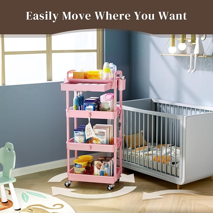 4 Tier Rolling Utility Cart with Drawer, Utility Storage Organizer with Plastic Shelf & Lockable Wheels Multifunctional Storage Cart for Kitchen, Bathroom, Office, Living Room, Pink