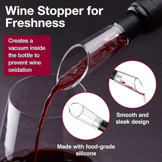 5-in-1 Electric Wine Opener Set with Wine Stopper, Wine Pourer, Foil Cutter, and Storage Base – Easily Remove Corks with the Push of a Button for Decanting and Preservation (Black VBGS)