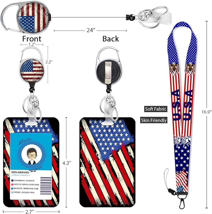 4th of July Patriotic Badge Reels Retractable with 360 Degrees Rotate Carabiner Clip Heavy Duty, American Flag ID Badge Holder Lanyard, Nurse Doctor Office Teacher School Supplies Gifts