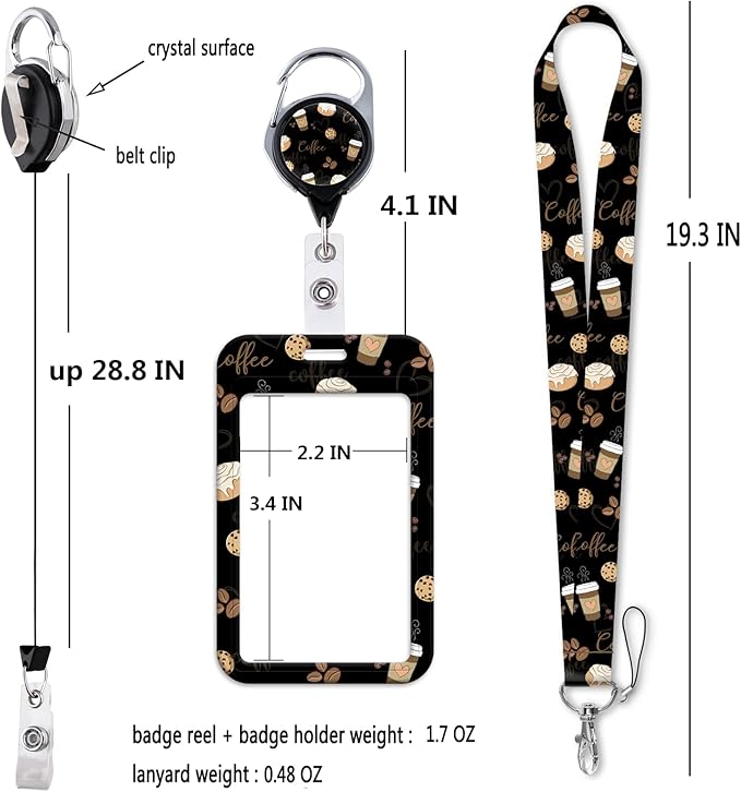 Black Work Badge Holder Lanyard with Retractable Badge Reel Clip Cute Lanyard for Keys ID Badge for Women Teens Girls Teachers School ID Card Holder(Coffee)