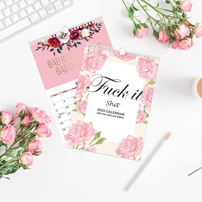 2025 Fu-ck It Calendar for Tired-Ass Tired Women, 12 Months Wall Hanging Calendar for Home Office, Funny Swear Gag White Elephant Gift for Women