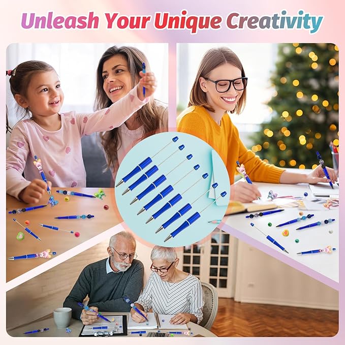 15 Pieces Beadable Pens - Beaded Pens Plastic Diy Black Ink Ballpoint Pens Bulk - Bead Pens Suitable For Teacher, Students, Office, School, Graduation Gift Supplies（Blue）