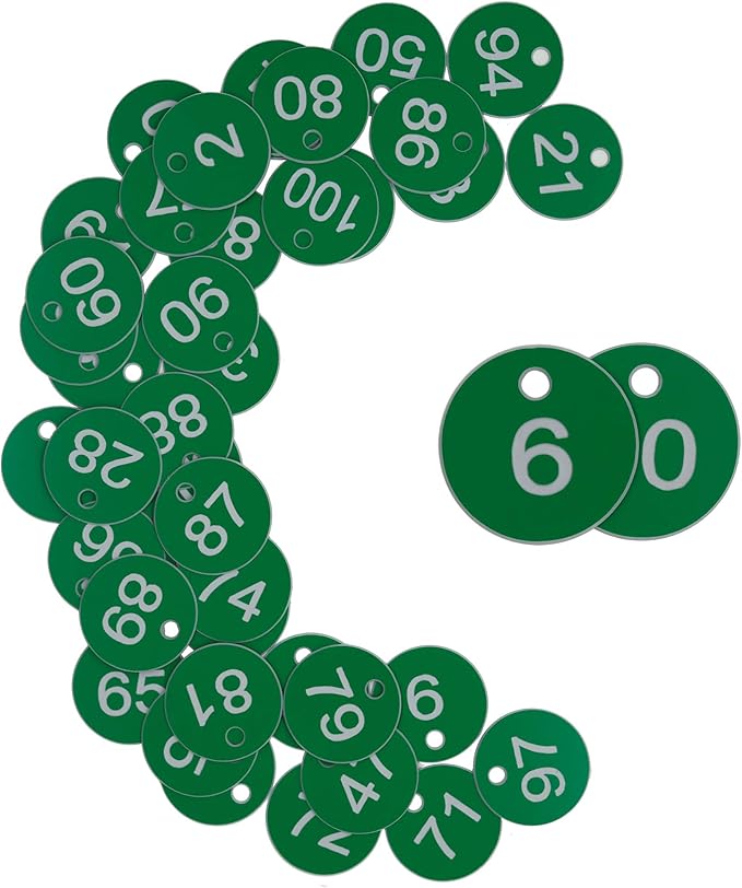 StayMax Plastic ID Number Tags Engraved Tags Key Tags Without Key Rings (1-100, Green)