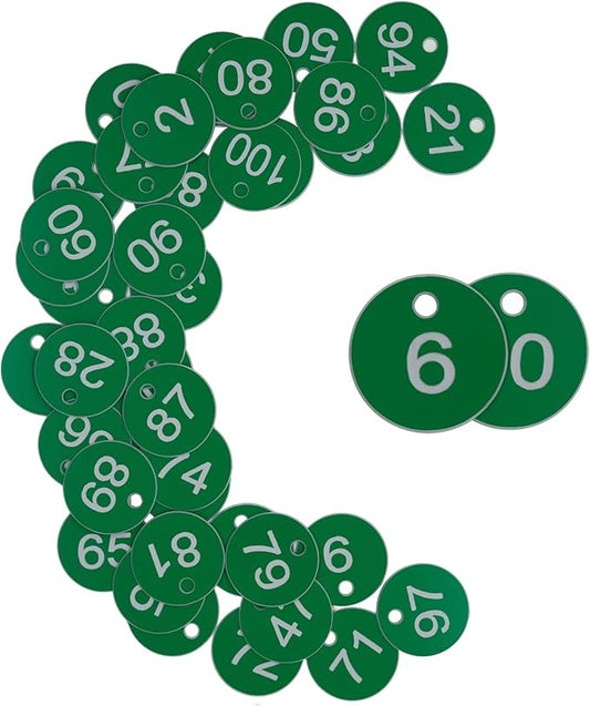 StayMax Plastic ID Number Tags Engraved Tags Key Tags Without Key Rings (1-100, Green)