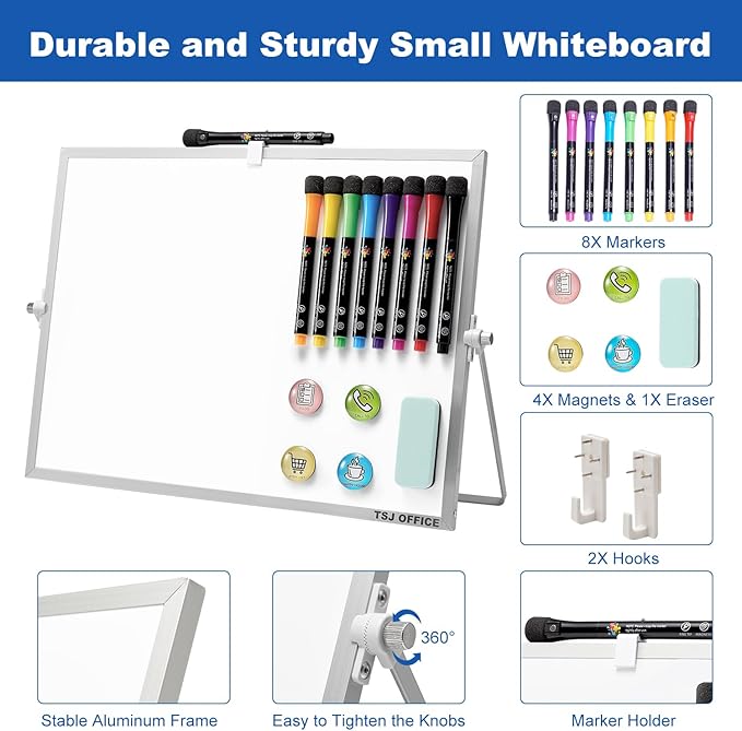 TSJ OFFICE Dry Erase White-Board - 16 X 12 Inches Double Sided Small Magnetic Whiteboard with Hooks for Wall, Portable Mini Desktop Whiteboard 360 Degrees Revolving Stand for Office, Home, School
