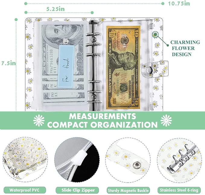36 Pieces A6 Binder PVC Cover with 10 Clear Binder Pockets, Waterproof 6-Ring Budget Binder Envelopes System Budget Planner Organizer, Budget Sheets & Card Bags & Papers & Label for Cash Envelopes
