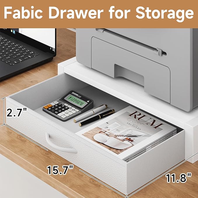 2-Tier Desktop Printer Stand with Fabric Drawer, Prtiner Table with Storage Shelf, Desk Organizer for Home Office,3D Printer,Fax Machine,Scanner, 17.3"x11.8" White