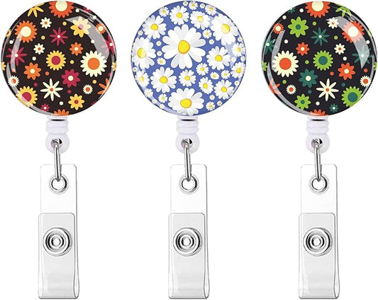 Retractable ID Badge Holder Nurse Badge Reels with Clip Name Card Holders for Office Worker Doctor Nurse (3Pack Beatiful Daisy Flowers)