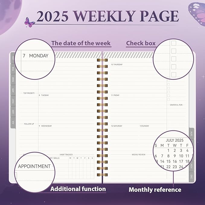 2025 Planner Weekly & Monthly Agenda Book, Daily Planner Hardcover, 2025 To Do List Notebook with Monthly Tabs, Pocket, Spiral Bound, Elastic Closure, Thick Paper(7.5 * 10.2) Butterfly