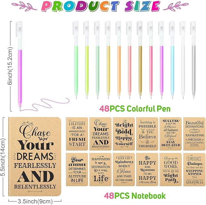 48 Pcs Mini Inspirational Notebooks Bulk with 48 Pcs Colorful Pens, Small Pocket Journal Notepads Set, Motivational Bulk Gifts for Women Men Teacher Student Kids, Fun School Office Supplies,3.5"x5.5"