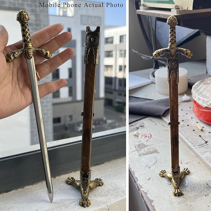 11" Metal Excalibur Sword Stainless Steel Letter Opener with Stand,Medieval Vintage Gold Handle,Mini Sword,Lightweight Hand Envelope Slitter,Special Gift