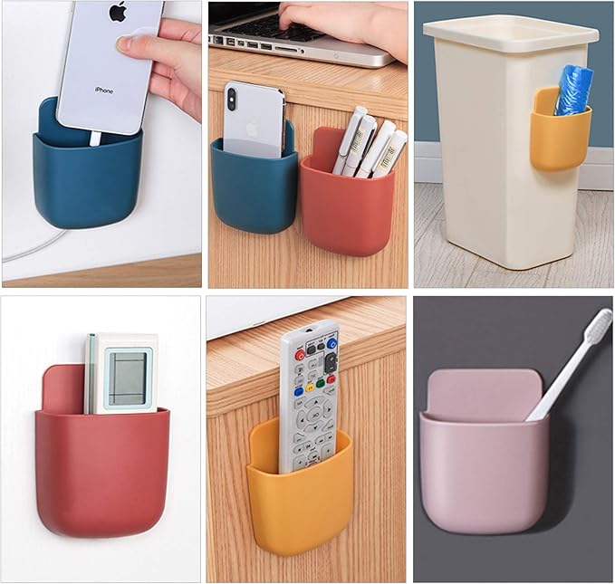 3 Pcs Remote Control Holder, Wall Mount Pen Holder Hole-Free Self Adhesive Phone Charging Organizer Pencil Storage Containers for Home Office School Supply Orgaizer (Blue