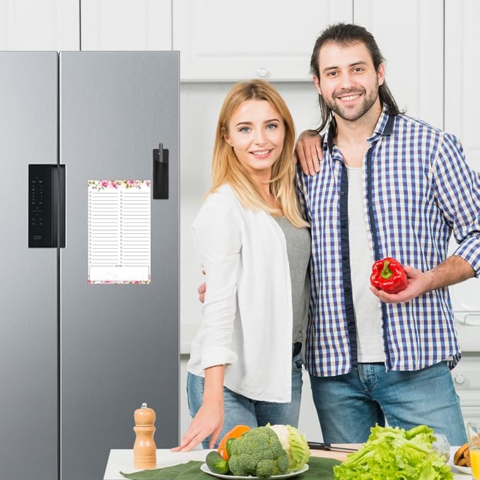 2 Pack Grocery List Magnet Pad for Fridge with Pen Holder, Totally 120 Sheets Magnetic Note Pad for Fridge Full Back Magnet Shopping List, To Do List, Memo Notepads, 4.5x7.5"(Pink Flower)