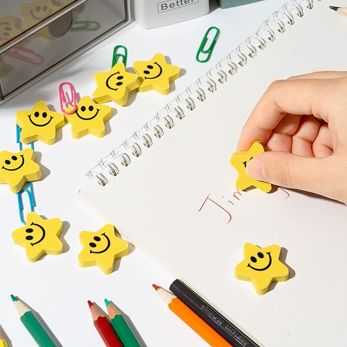 120pcs Star with Smile Face Mini Erasers Fun Smiley Face Yellow Cartoon Eraser Assortment Cute Smiling Desk Puzzle Erasers for Kids School Carnival Reward Student Prizes Birthday Gifr Filler