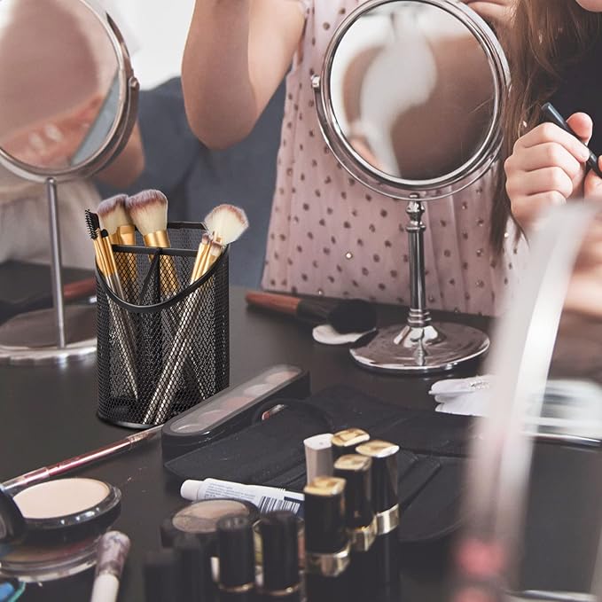 2 Pack Pen Holder Pen Organizer for Desk Mesh Round Pencil Holder Desktop Organizer 3 Compartments Pencil Organizer Desk Organizer for Office Home School, Black