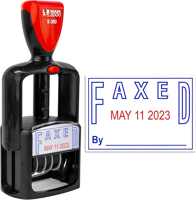 Self-Inking Rubber Date Office Stamp with Faxed Phrase - Blue Ink & Date Red Ink - 12-Year Band