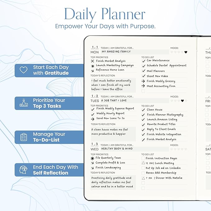 2025 Planner, Daily Journal & Gratitude Journal All-In-One with To Do List, Self Care Prompts & Habit Tracker - 7 x 10 - Blue