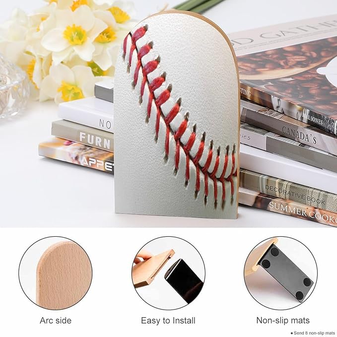 2 Pack Wood Bookends, Sport Ball Baseball Lace Non-Skid Book Ends for Heave Books, Decorative Bookends for Shelves Desk, Book Stoppers Book Holders for Home Office Library School