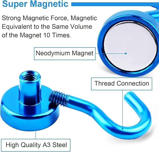 DIYMAG Blue Magnetic Hooks, 80 LB Heavy Duty Strong Magnets with Hooks, Strong Rare Earth Neodymium Magnet Magnetic Hooks for Cruise Cabins Cruise Ship Essentials 20 Packs
