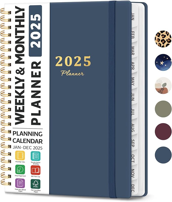 2025 Planner Weekly and Monthly, Jan 2025 - Dec 2025, Hardcover 2025 Calendar Planner Book with Monthly Tabs, Inner Pocket, Aesthetic Planner 2025 for Office Home School Planning - A5 (6.3" x 8.5"), Spiral Bound, Navy
