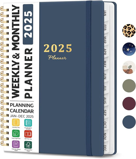 2025 Planner Weekly and Monthly, Jan 2025 - Dec 2025, Hardcover 2025 Calendar Planner Book with Monthly Tabs, Inner Pocket, Aesthetic Planner 2025 for Office Home School Planning - A5 (6.3" x 8.5"), Spiral Bound, Navy