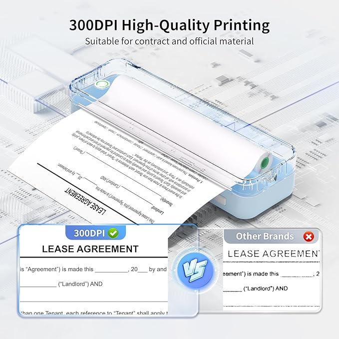 300DPI Portable Printer Wireless for Travel, Inkless Small Bluetooth Printers for Home Use, Compatible with Mobile Phone & Laptop, Support 8.5 x 11 Inch & A4 Thermal Printer Paper, Blue