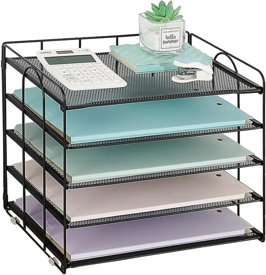 5 Tier Mesh Paper Letter Tray Organizer, Desktop Mail Sorter Office Supplies Organizer for Desk, Desk Organizers and Accessories (Black)