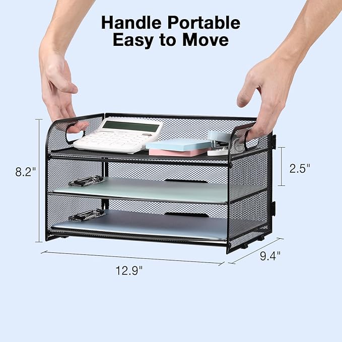 3-Tier Letter Tray Paper Organizer with Handle, Compact Mesh Desk File Organizer for Home Office Supplies Desktop Accessories,Black