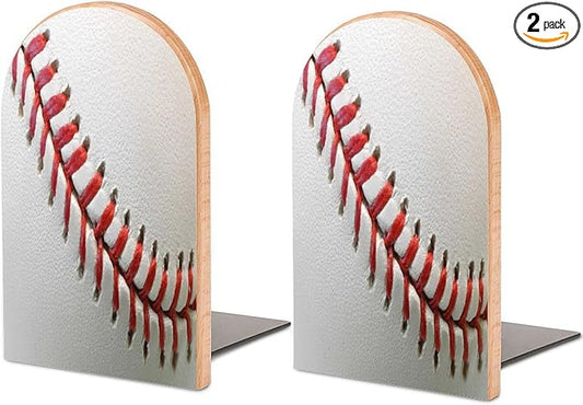 2 Pack Wood Bookends, Sport Ball Baseball Lace Non-Skid Book Ends for Heave Books, Decorative Bookends for Shelves Desk, Book Stoppers Book Holders for Home Office Library School