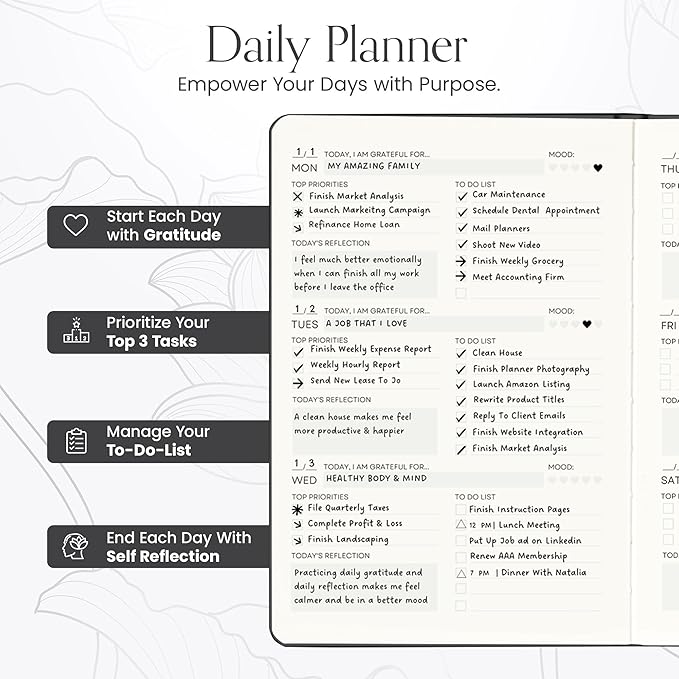 2025 Planner, Daily Journal & Gratitude Journal All-In-One with To Do List, Self Care Prompts & Habit Tracker - 5.8 x 8.3 - Black