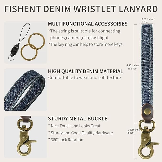 Fishent Denim Wristlet Keychain for Women Men, Cute Key Chain, Wrist Lanyards for Car Keys ID Badge Wallet Card Holder