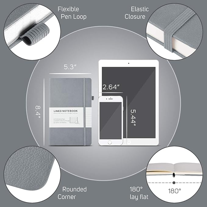 MALEDEN 7 Pack Lined Journal Notebook, Hardcover PU Leather Notebook for Men Women, 100 GSM Thick Numbered Pages with Index Content, Inner Pockets, Bookmarks, A5 Ruled Writing Journal Bulk (Grey)