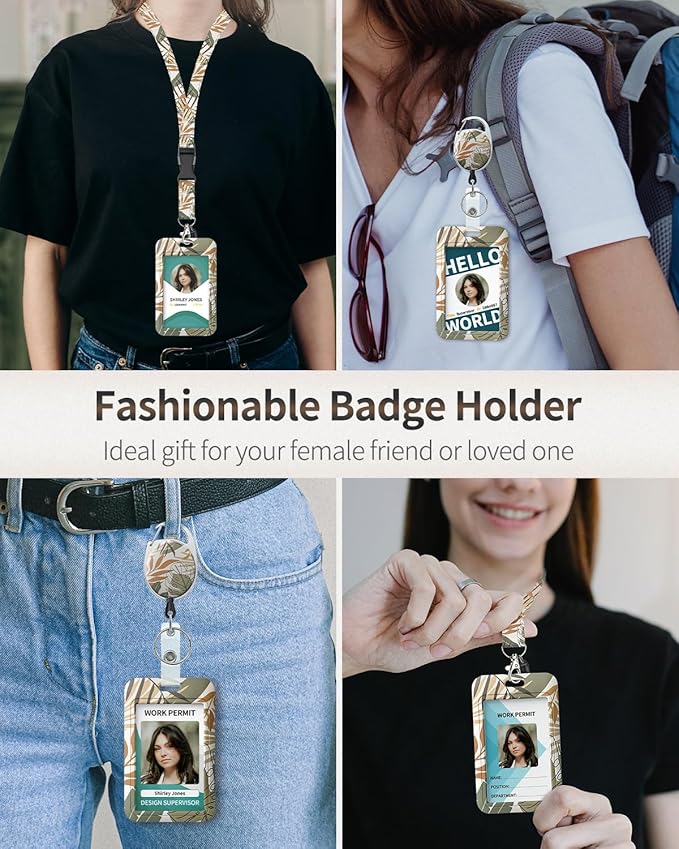 Uniclife 2 Pack Floral Sliding Badge Holder Flower Leaves Plastic Case with Retractable Badge Reel Carabiner Clip and Detachable Lanyard Strap Hard Vertical Card Protector for Women Nurse Teacher