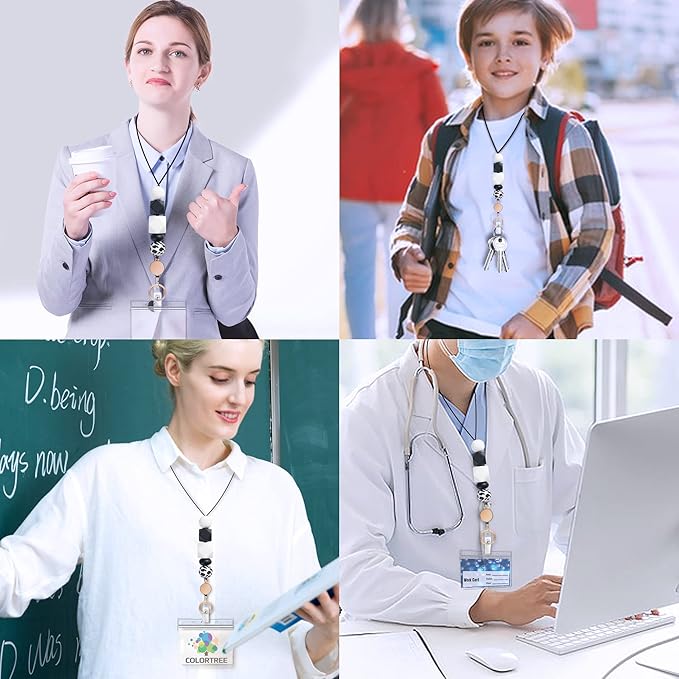2PCS Retractable Lanyards for ID Badges and Keys, Cute Breakaway Teacher Lanyard with Badge Holders and Reels, Silicone Beaded Lanyard for Women, Nurses, Office with 4 Waterproof Card Holders