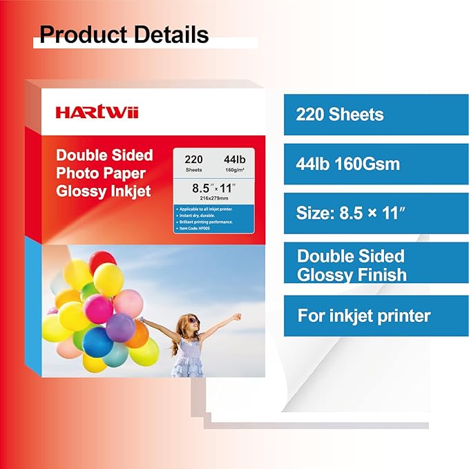 220Sheets Double Sided Photo Paper Glossy Brochure Flyer Paper Inkjet 8.5x11 44lb 160gsm Letter Size for All Dye Ink Printers